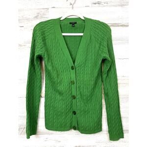 Talbots Womens M Petite Green Cable Knit Button Up Lightweight Cardigan Sweater